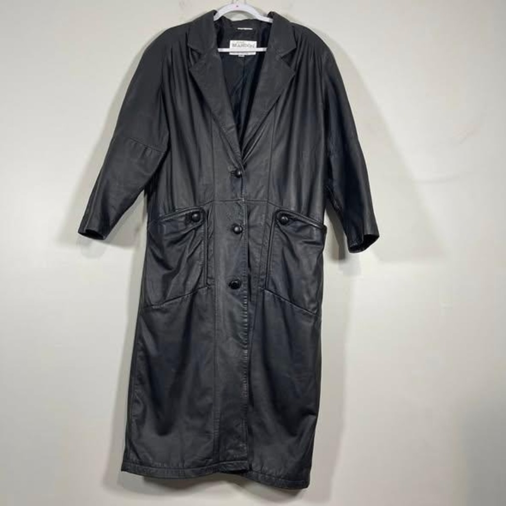 VTG Brandon Thomas Black‎ Leather Trench Coat Womens Medium Long 90s Streetwear
